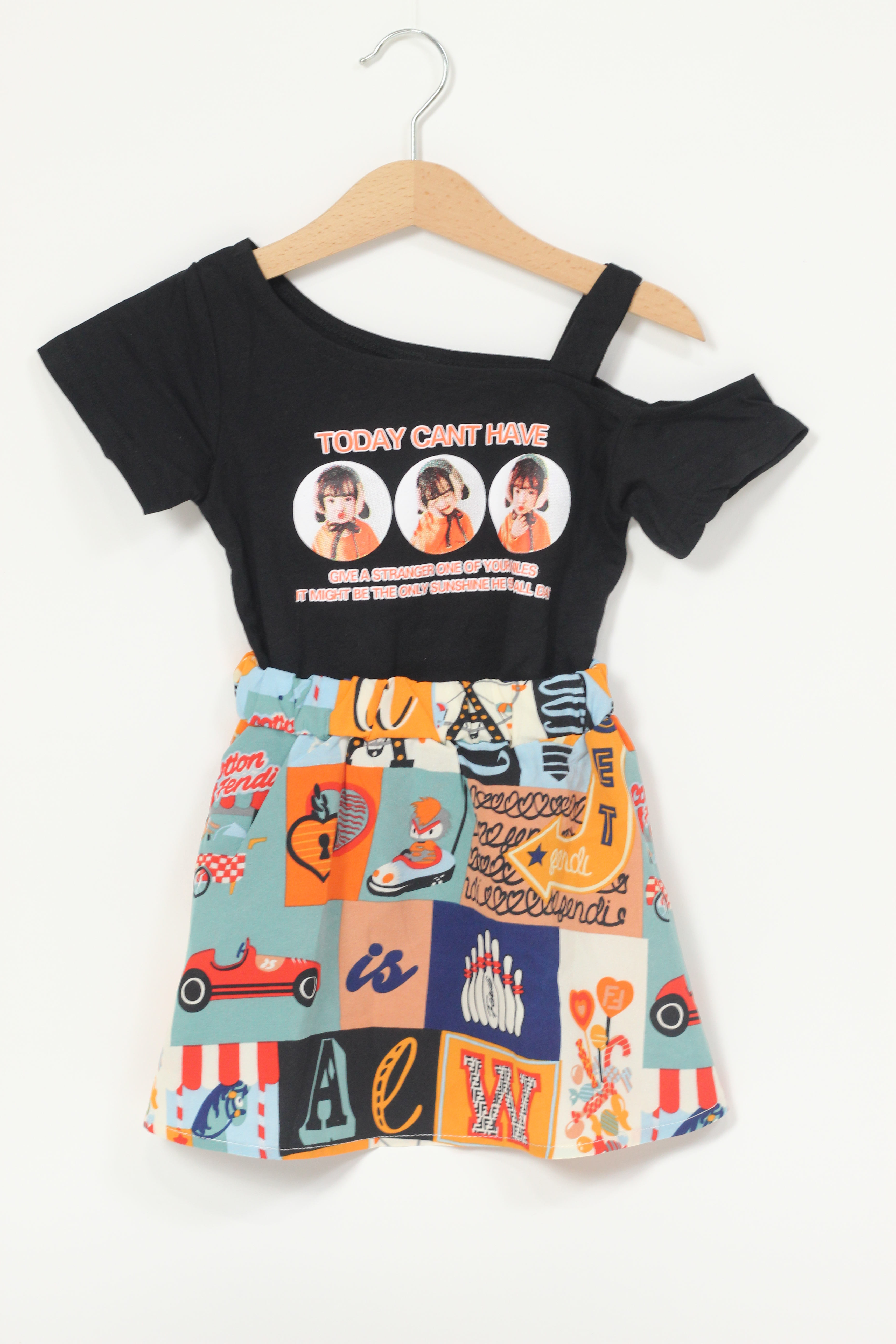 Off-Shoulder Top And Cartoon Print Skirt Set