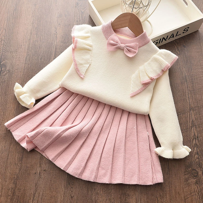 Solid Bow Decor Sweater And Skirt Set