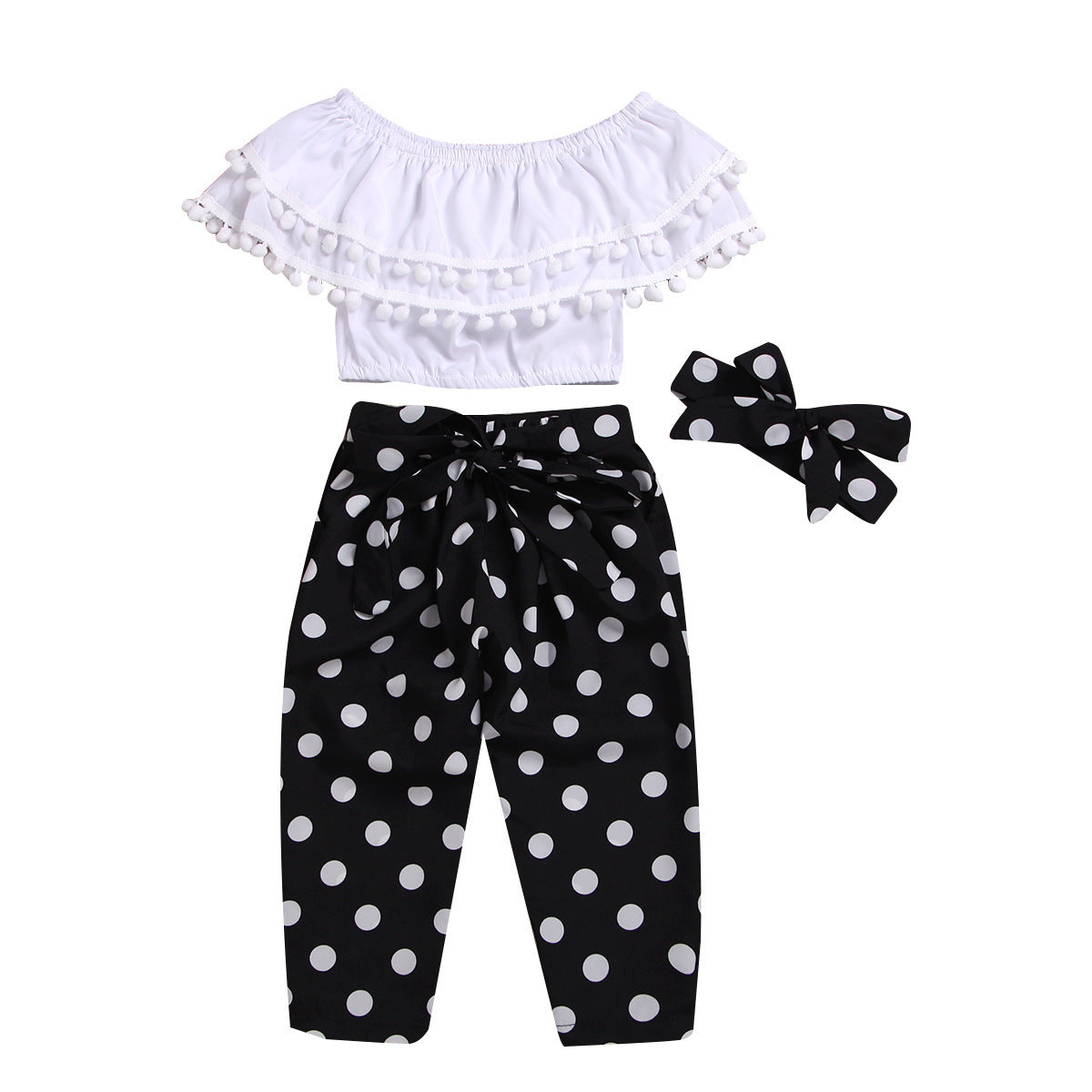 Tassel Top And Polka Dot Pants With A Headband Set