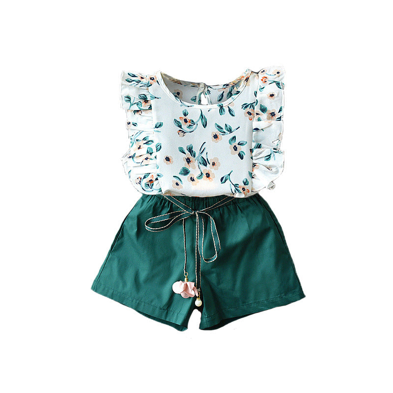 Floral Ruffled Top And Solid Belted Shorts Set