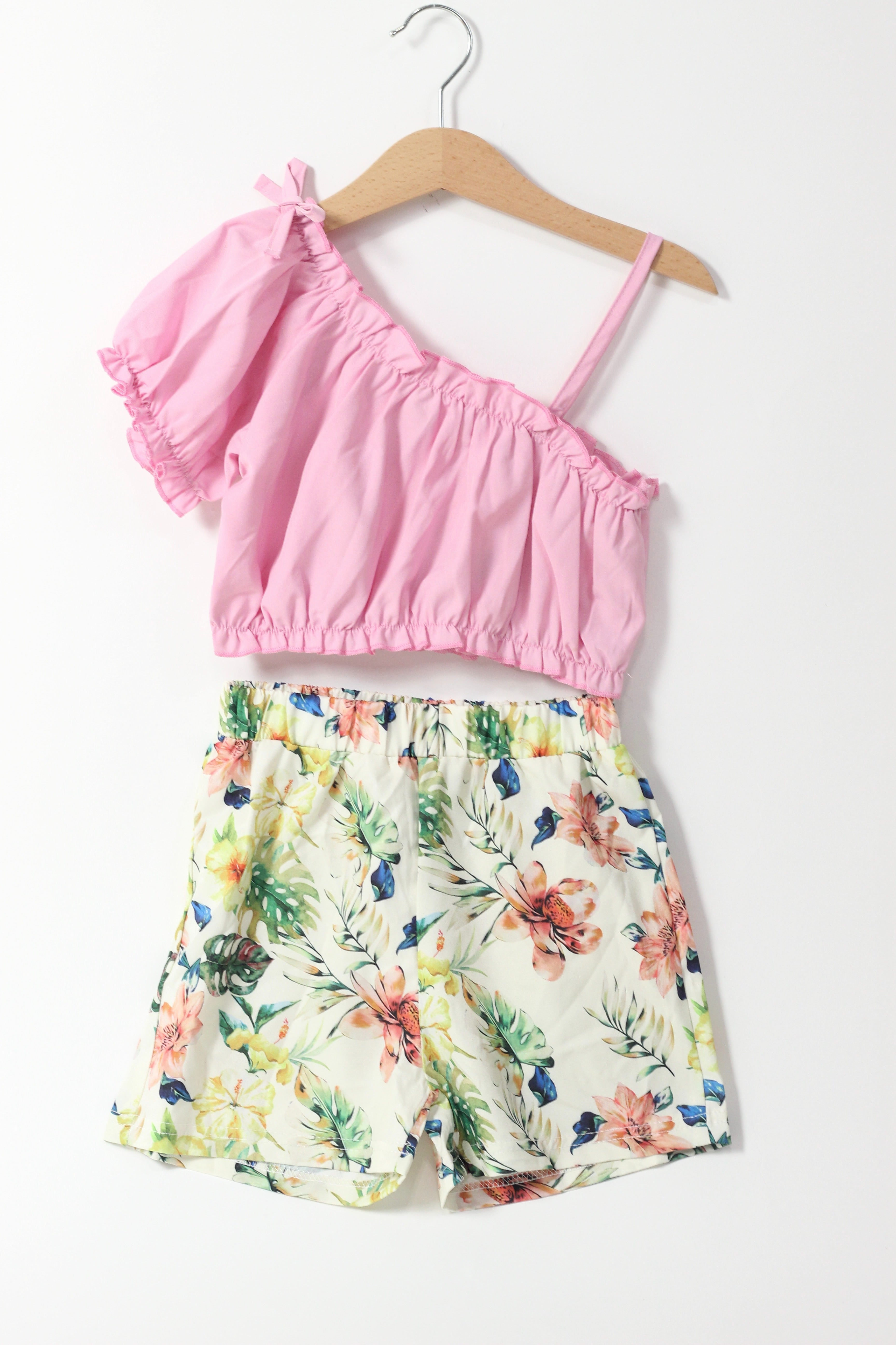 Slanted Shoulder Top And Flower Shorts Set